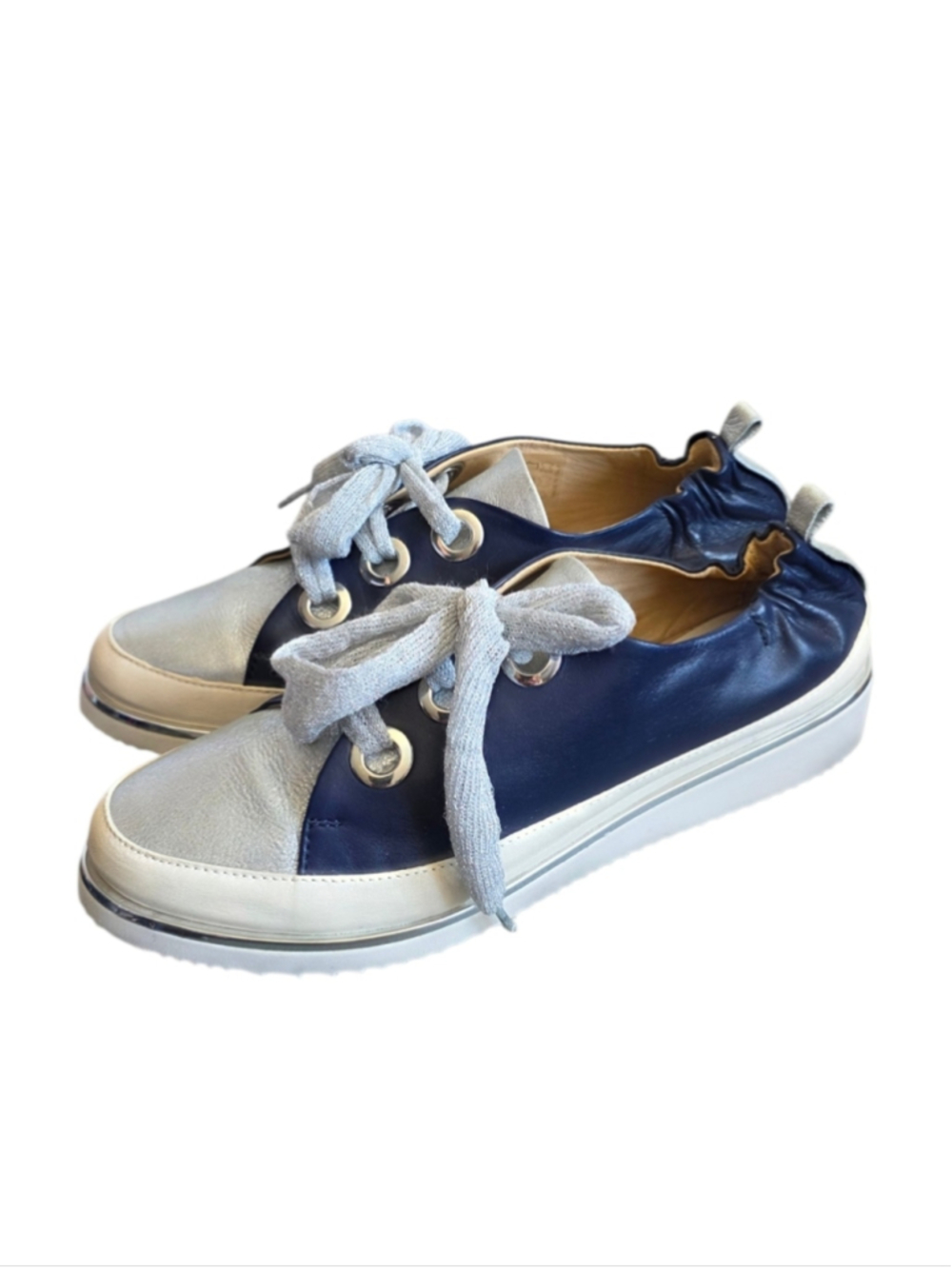 Ron White Leather Lace Up Sneakers Women 38.5 (8) Blue Silver Platform Shoes